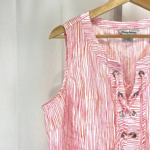 TOMMY BAHAMA Overseas Hideaway Linen Tank Top Lace Up Stripe Pink White Size L - Picture 5 of 10